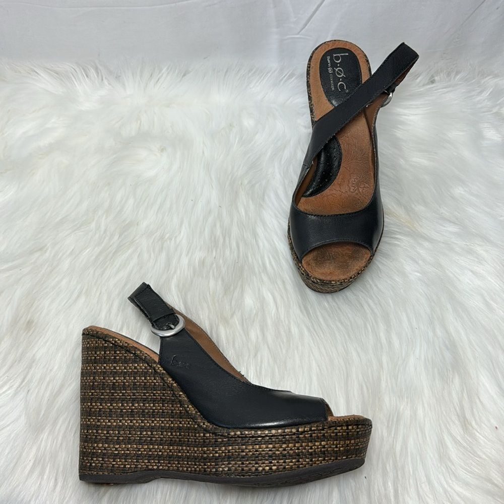 Born BOC‎ Black Leather Raffia Wedge Peep Toe Shoes Sz 9